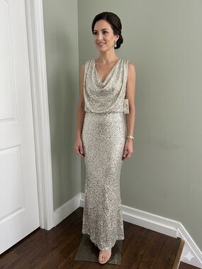 Ellen Tracy Silver Sequin Draped Cowl Neck Gown